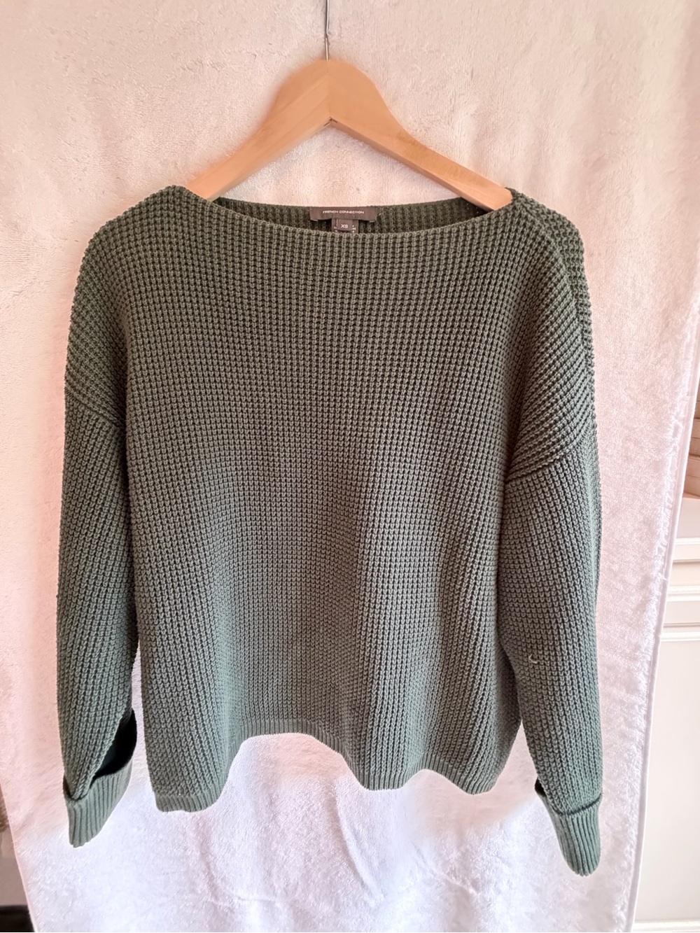 French Connection Olive Green Waffle Knit Crew Sweater